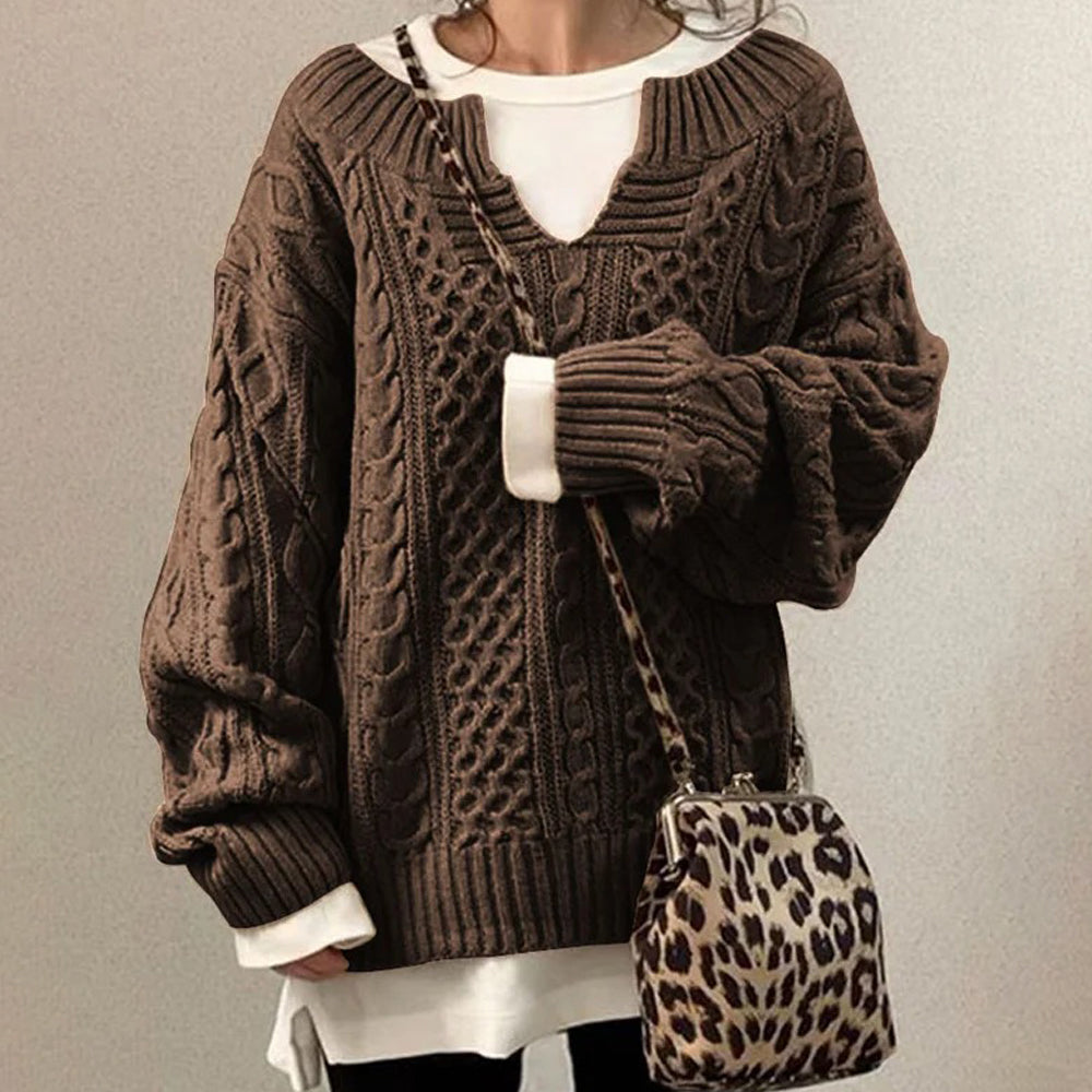 Damski nowy jesienno-zimowy sweter z dekoltem w serek i dzianinowym sweterkiem
