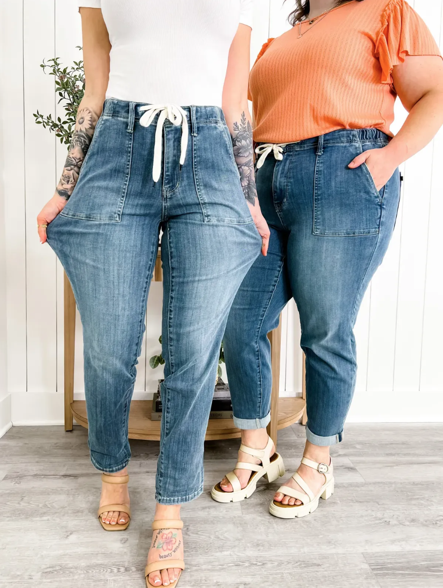 Lodowylabedz Wąskie spodnie jeansowe damskie ze sznurkiem i elastyczną talią