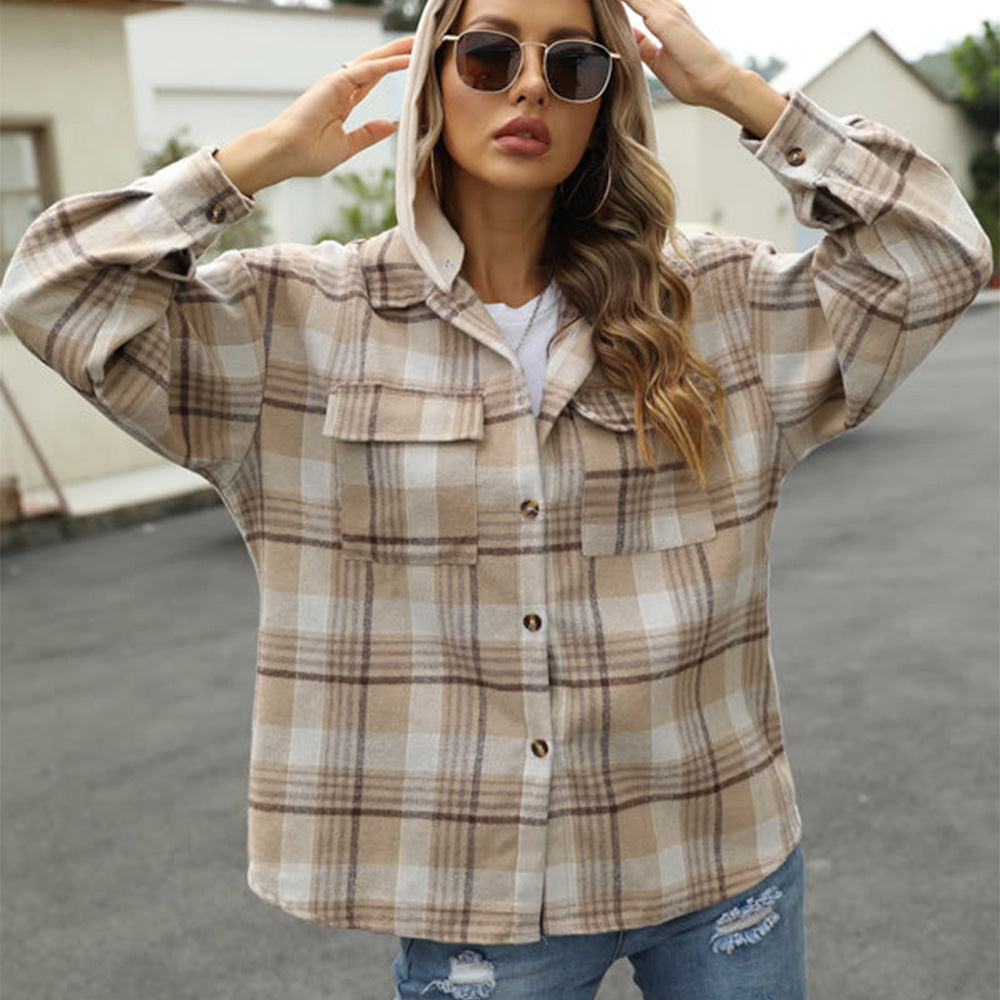 Lodowylabedz Nowa jesienna kurtka w kratę z długim rękawem i kapturem