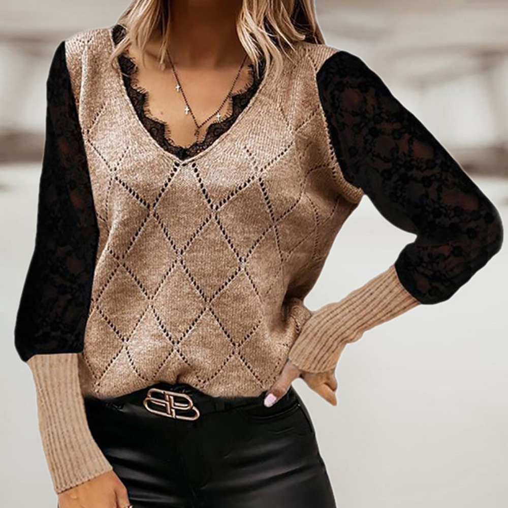Seksowny sweter z dzianiny koronkowej z dekoltem w szpic i diamentami