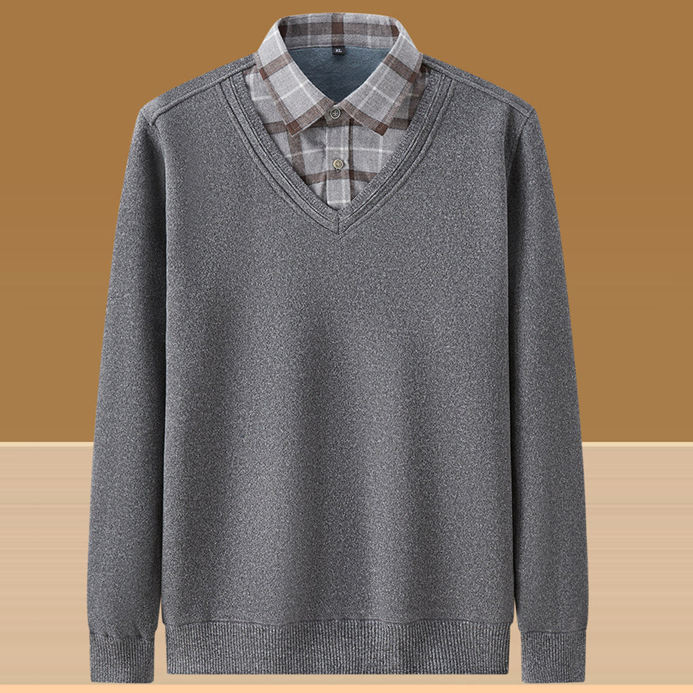 Męski jesienno-zimowy nowy sweter imitujący dwuczęściową koszulę na dole