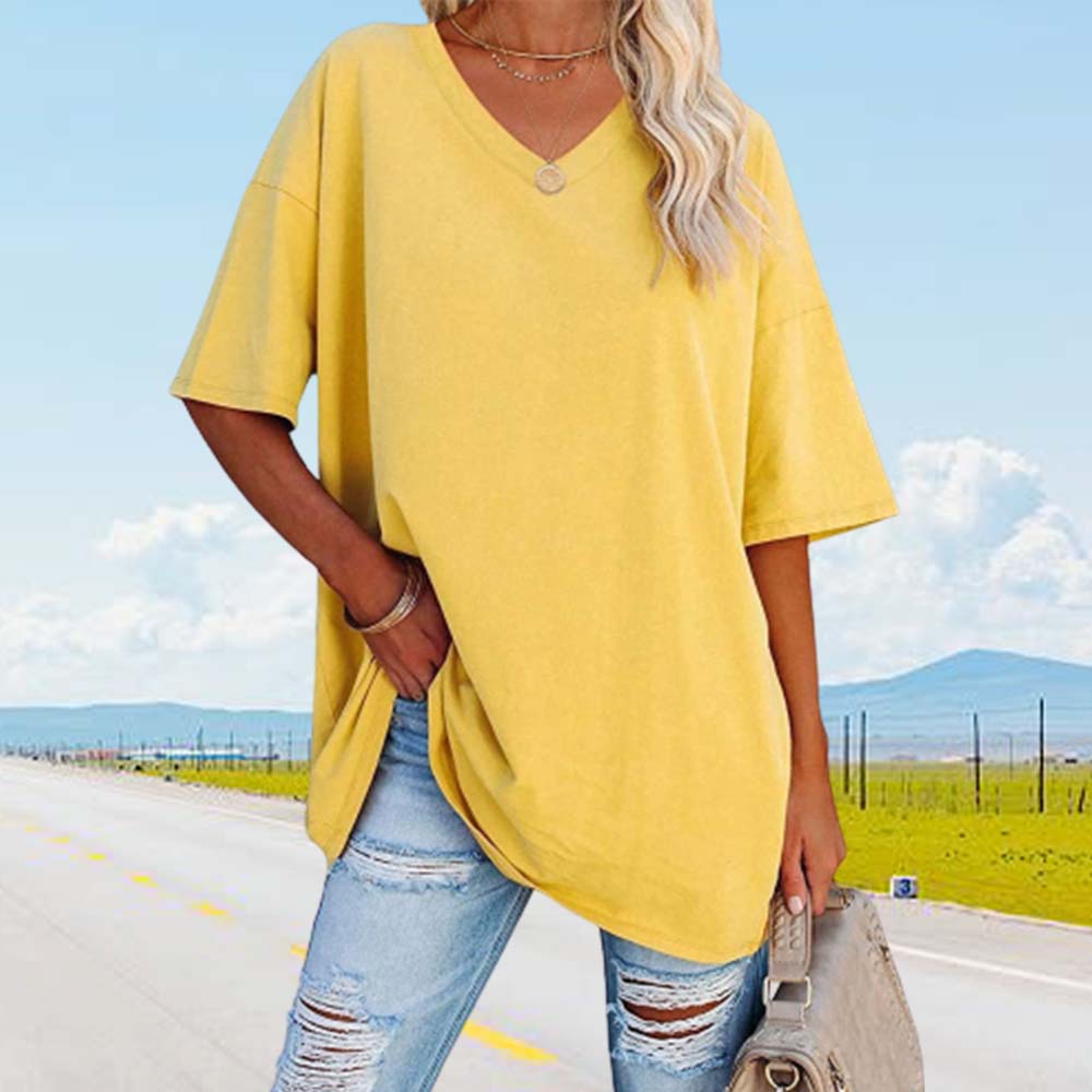 Lodowylabedz Nowy luźny bawełniany top z pół rękawami i dekoltem w szpic