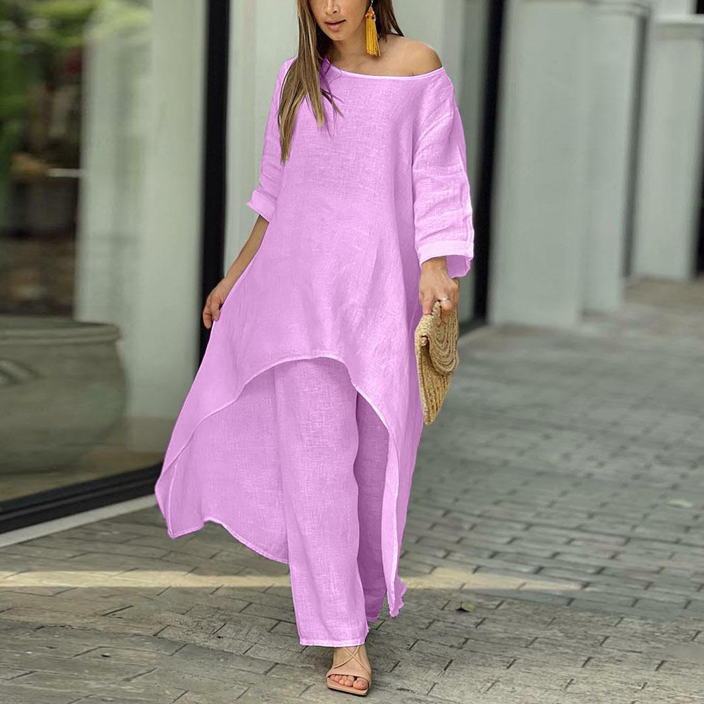 Lodowylabedz™ Dwuczęściowe bawełniane i lniane spodnie o swobodnym nieregularnym kroju z długimi rękawami i szerokimi nogawkami