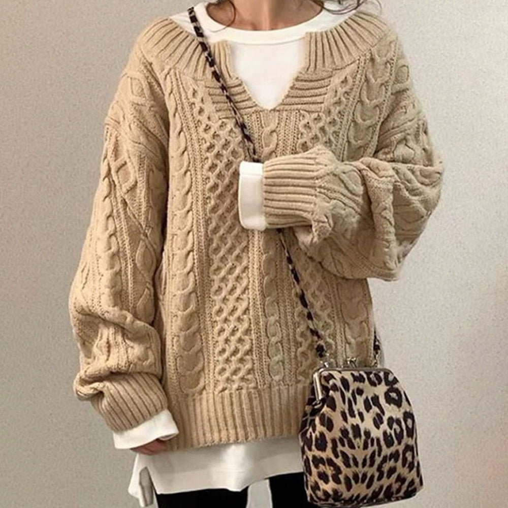 Damski nowy jesienno-zimowy sweter z dekoltem w serek i dzianinowym sweterkiem