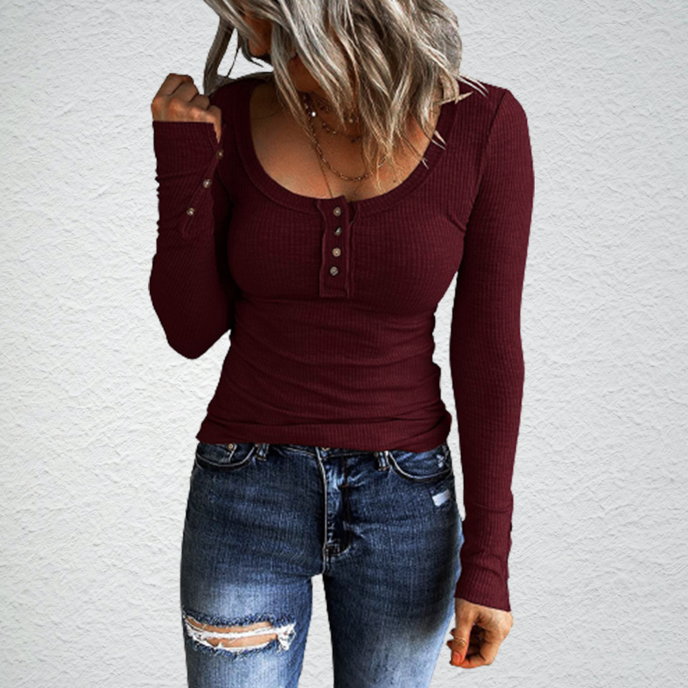 Wiosenna i jesienna damska dzianinowa bluzka z długimi rękawami, zapinana na guziki i okrągły dekolt