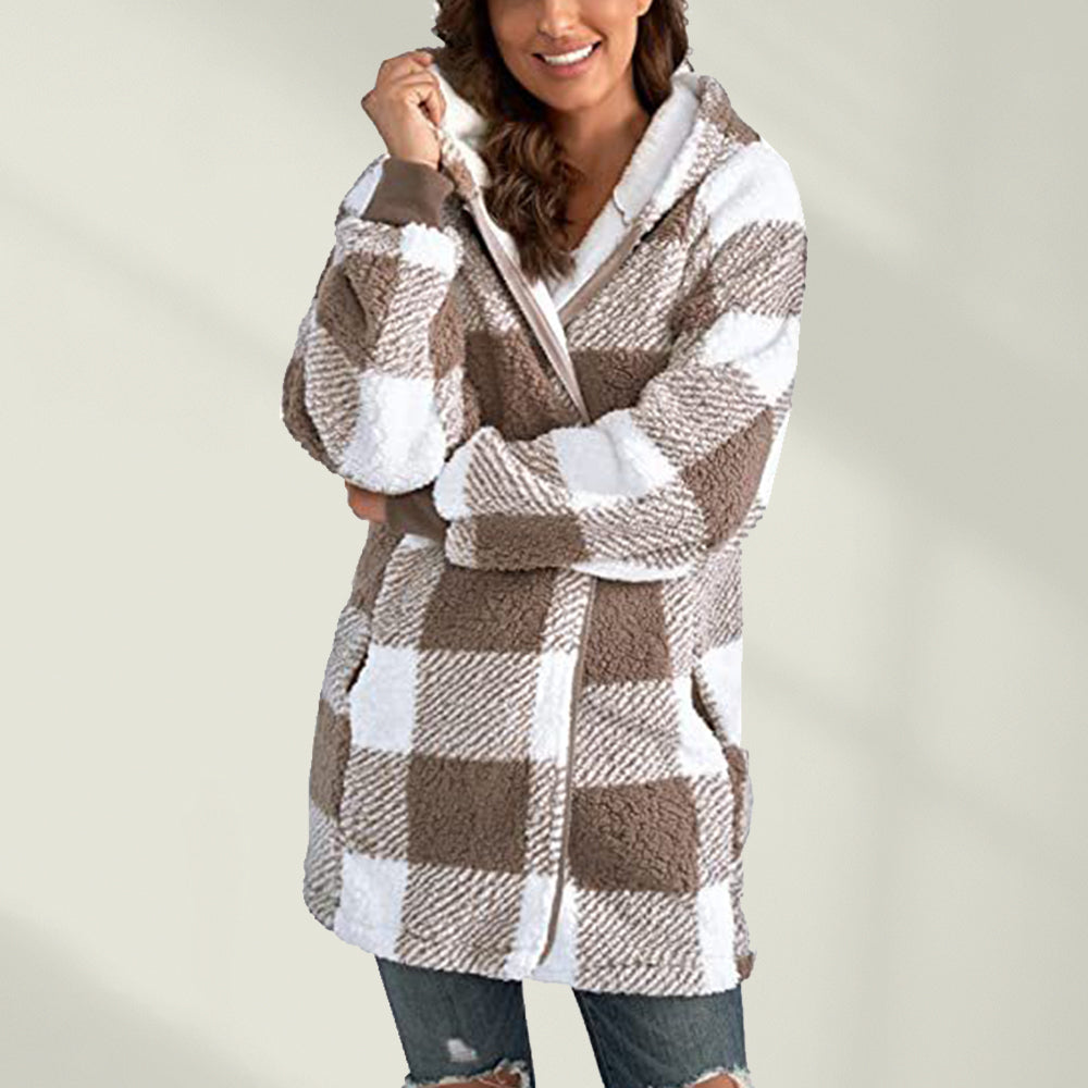 Jesienna i zimowa nowa kurtka w kratkę z kapturem, luźna kurtka damska na co dzień