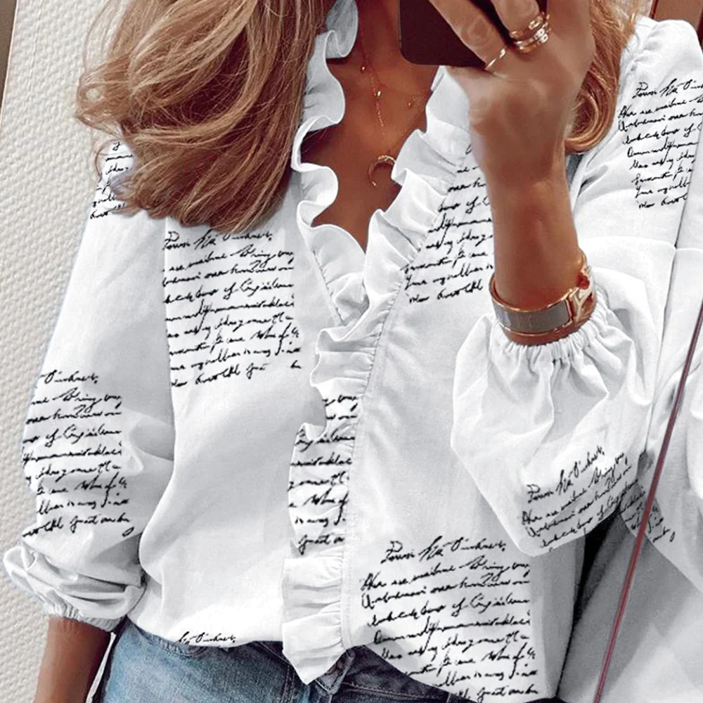 Lodowylabedz Wiosenna i letnia nowa koszula z długimi rękawami z dekoltem w szpic