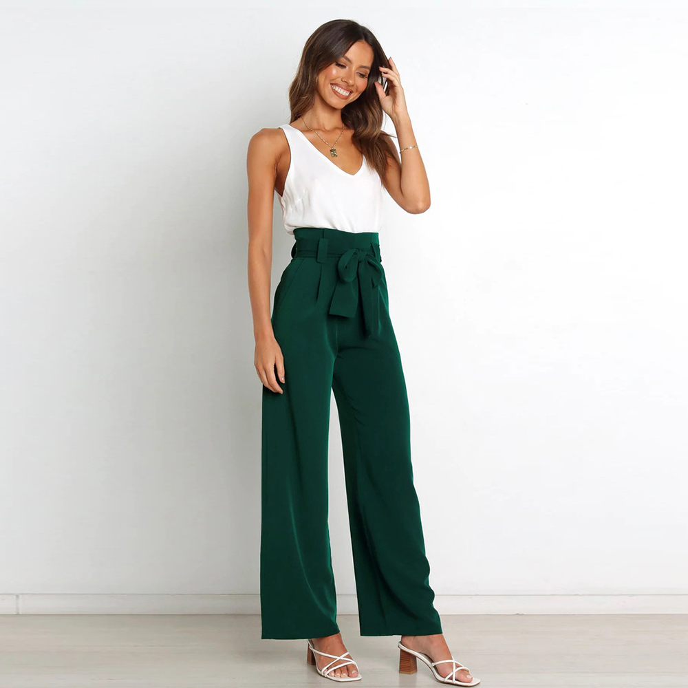 Damskie spodnie z szerokimi nogawkami i wiązaniem w talii