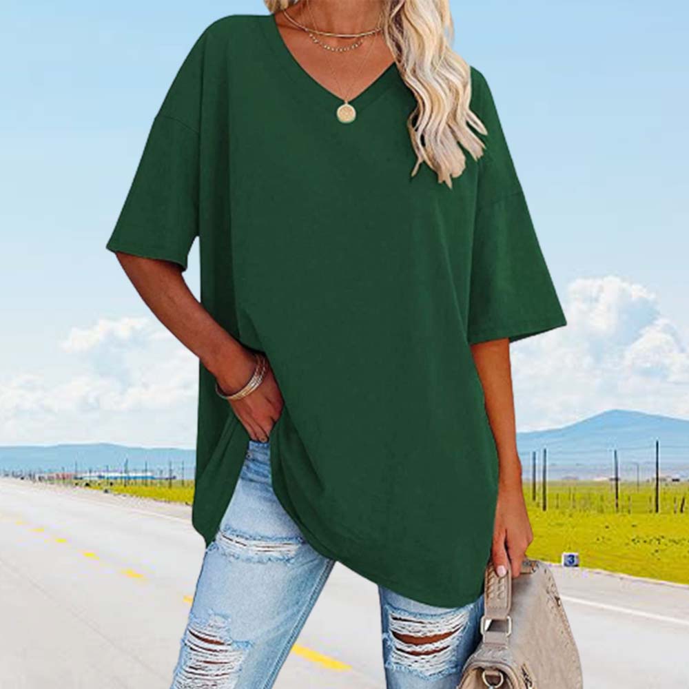 Lodowylabedz Nowy luźny bawełniany top z pół rękawami i dekoltem w szpic