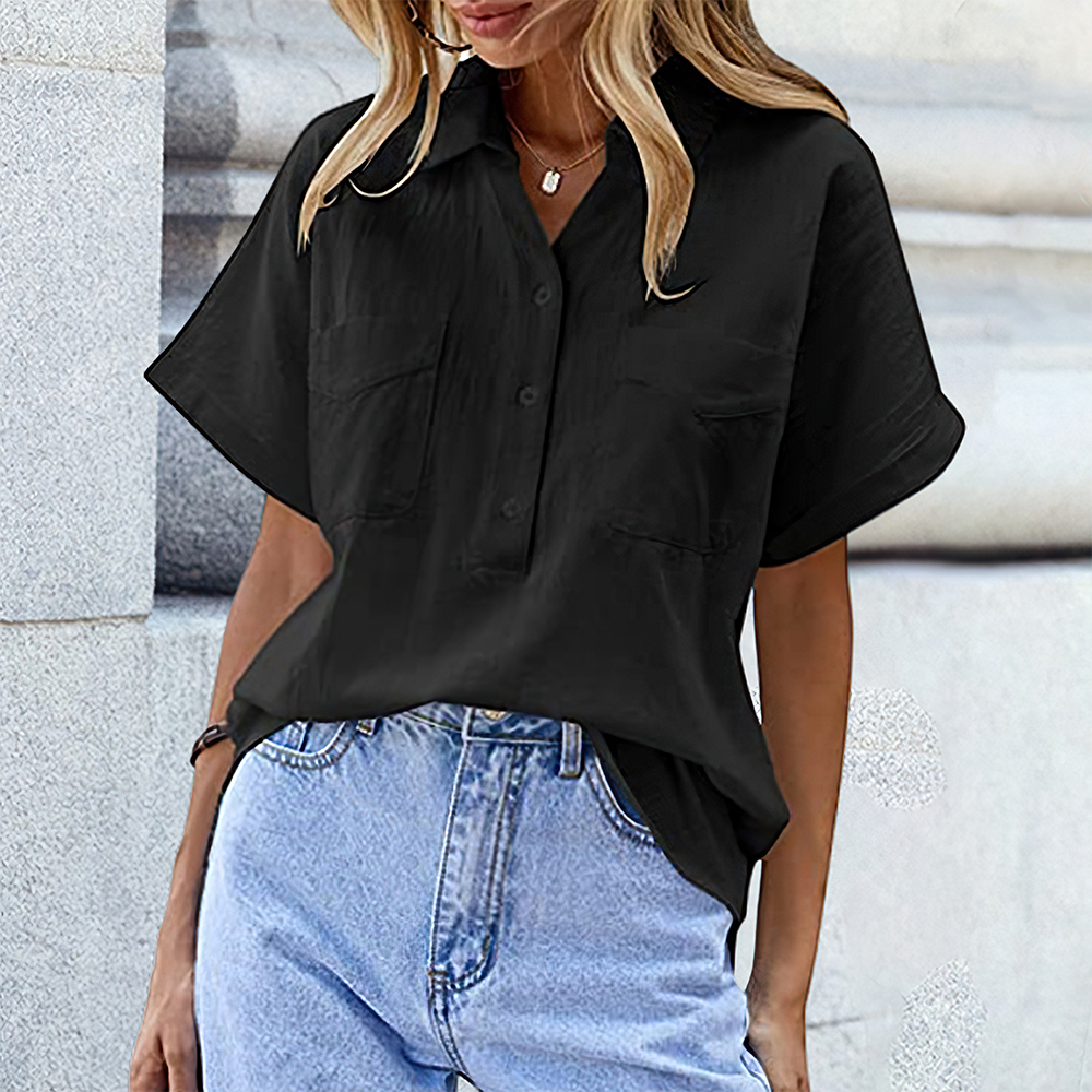 Lodowylabedz Nowa luźna lniana koszula z krótkim rękawem jednokolorowa z podwójną kieszenią