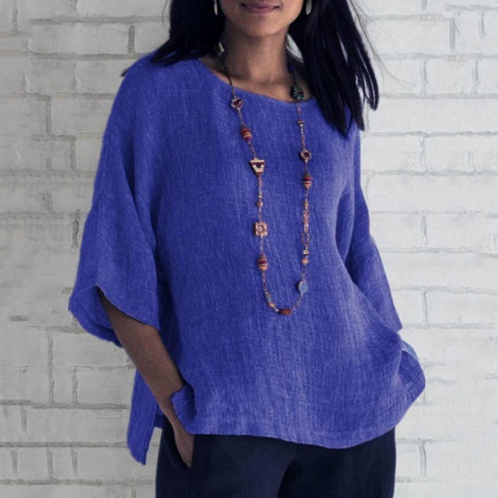 Lodowylabedz Lniano-bawełniany top koszulowy z okrągłym dekoltem i rękawami 3/4