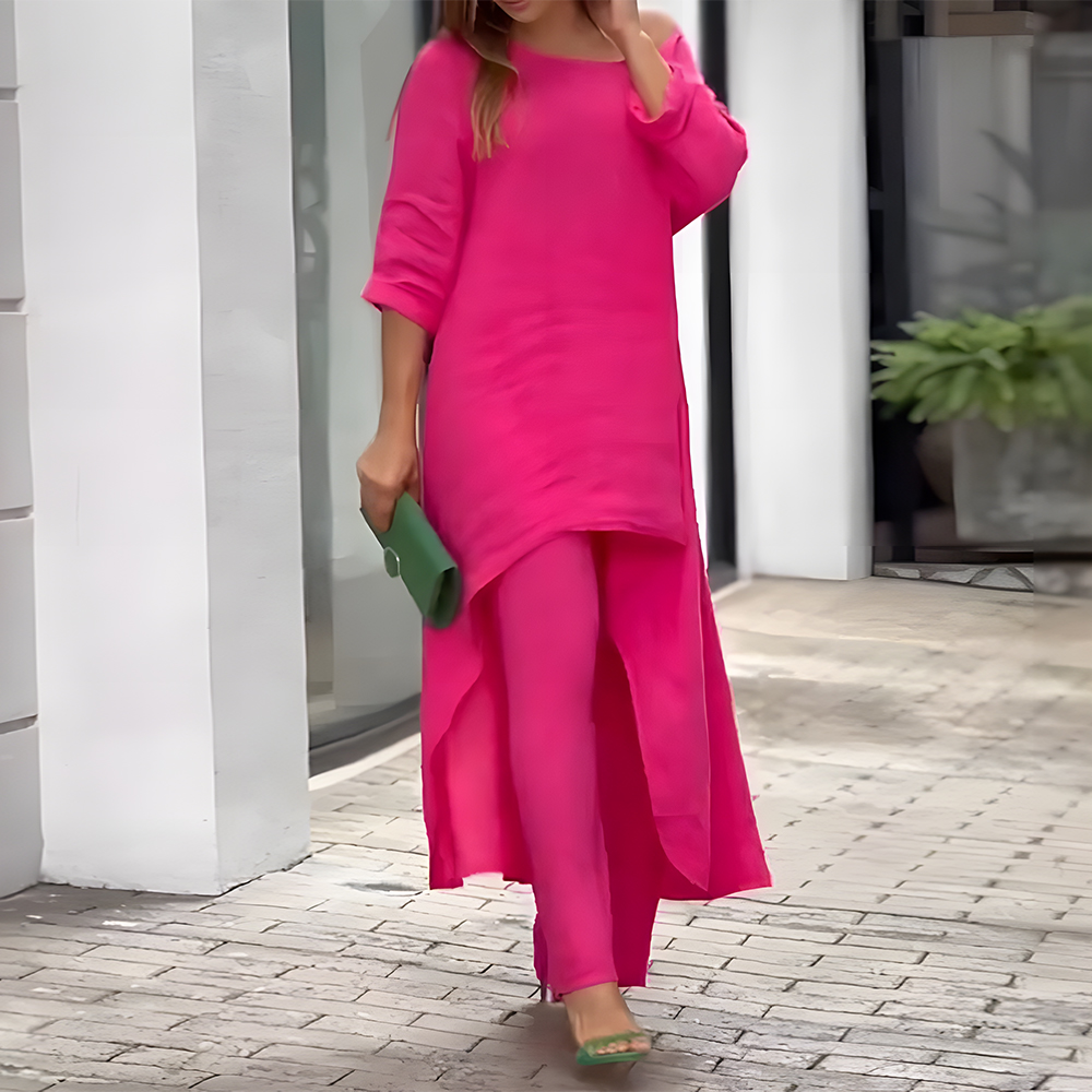 Lodowylabedz™ Dwuczęściowe bawełniane i lniane spodnie o swobodnym nieregularnym kroju z długimi rękawami i szerokimi nogawkami