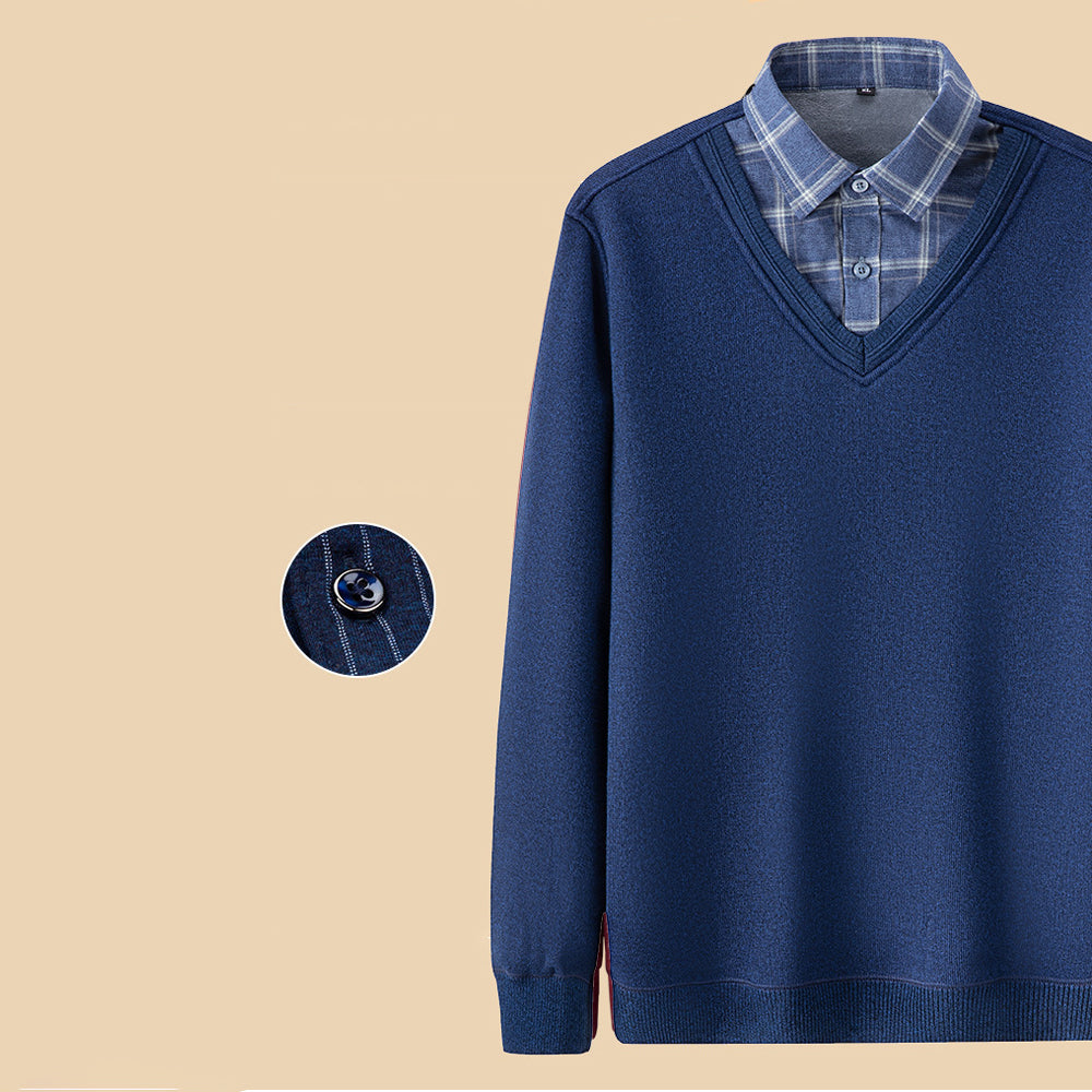 Męski jesienno-zimowy nowy sweter imitujący dwuczęściową koszulę na dole