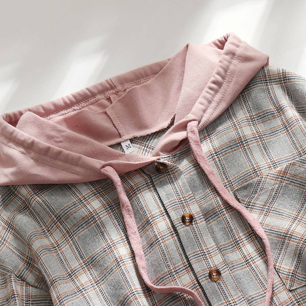 Lodowylabedz Jesienna nowa damska kurtka z kapturem i koszulą w kratę