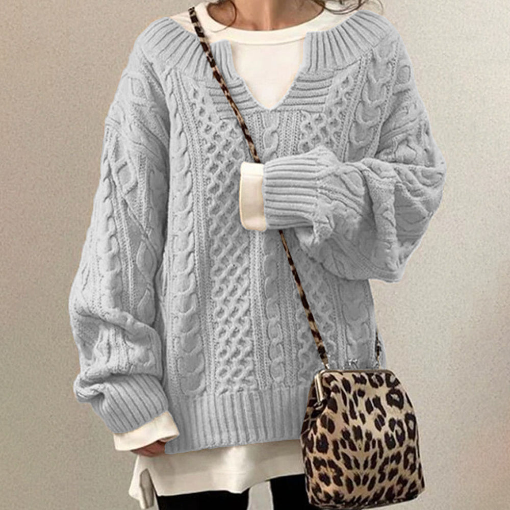 Damski nowy jesienno-zimowy sweter z dekoltem w serek i dzianinowym sweterkiem