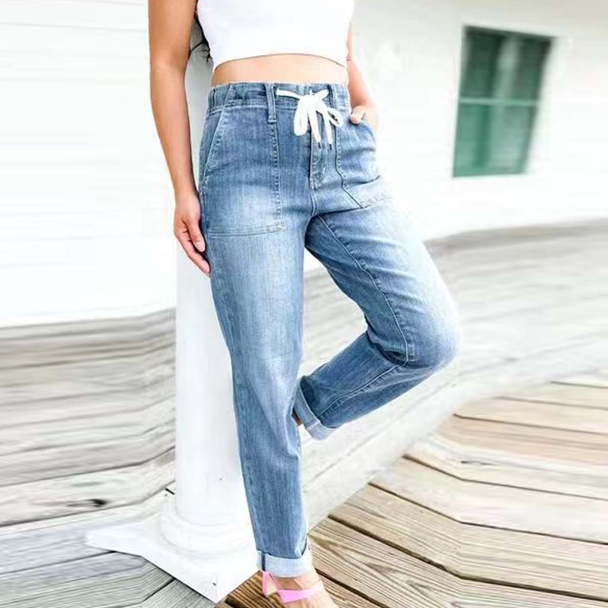 Lodowylabedz Wąskie spodnie jeansowe damskie ze sznurkiem i elastyczną talią