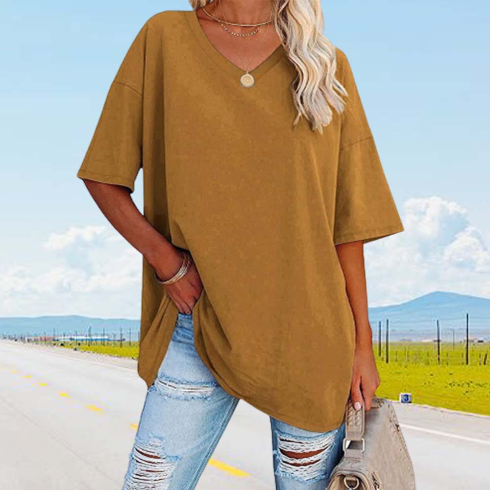 Lodowylabedz Nowy luźny bawełniany top z pół rękawami i dekoltem w szpic