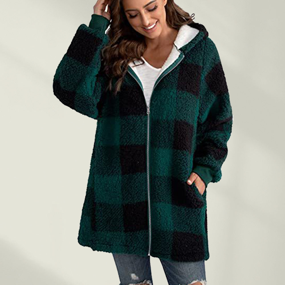 Jesienna i zimowa nowa kurtka w kratkę z kapturem, luźna kurtka damska na co dzień