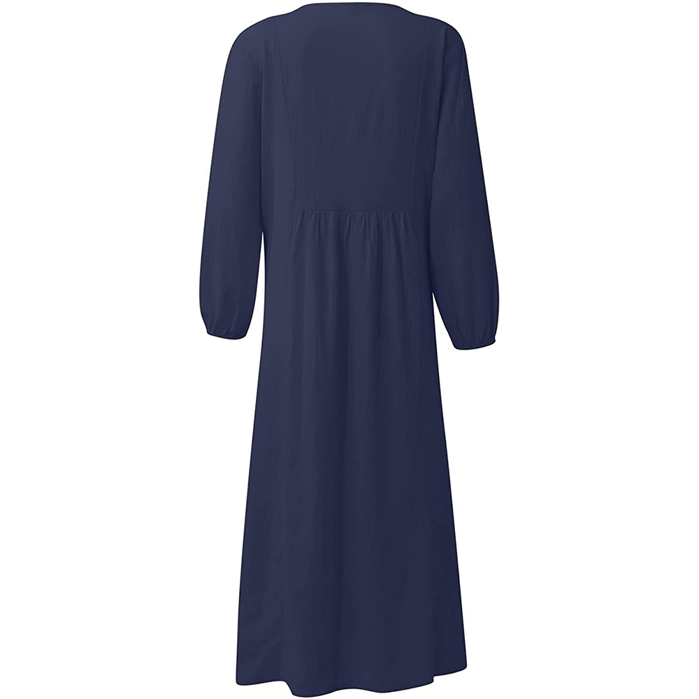 Lodowylabedz Nowa luźna sukienka z długimi rękawami z bawełny i lnu z dekoltem w szpic