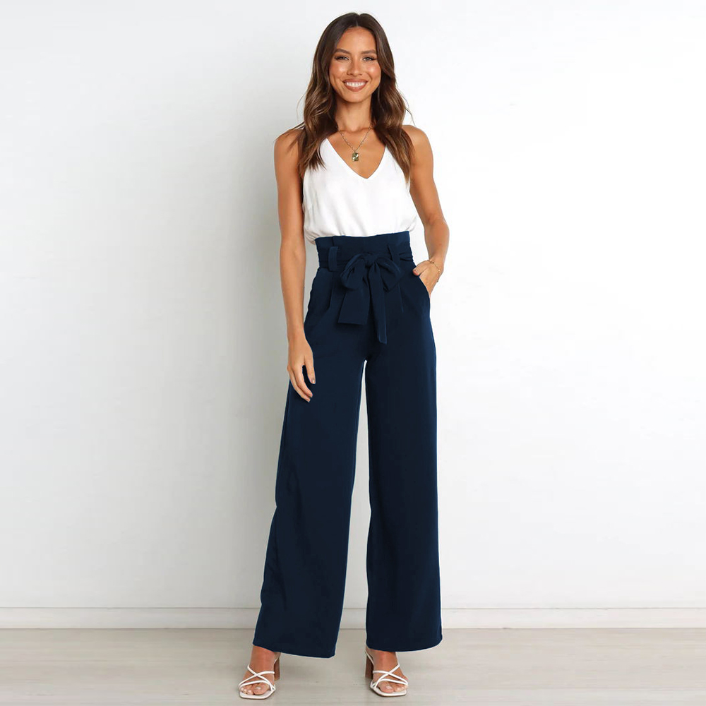 Damskie spodnie z szerokimi nogawkami i wiązaniem w talii