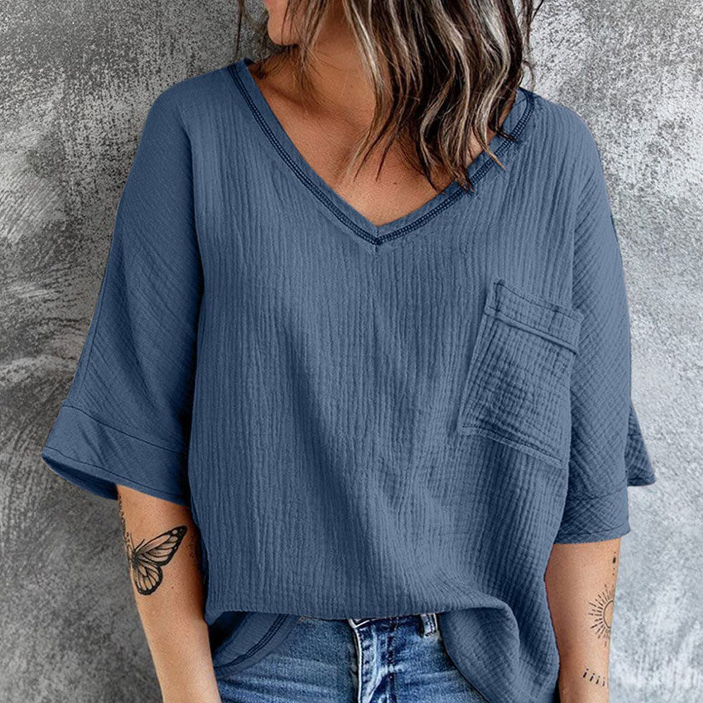 Modne jednokolorowe krótkie rękawy z dekoltem w szpic