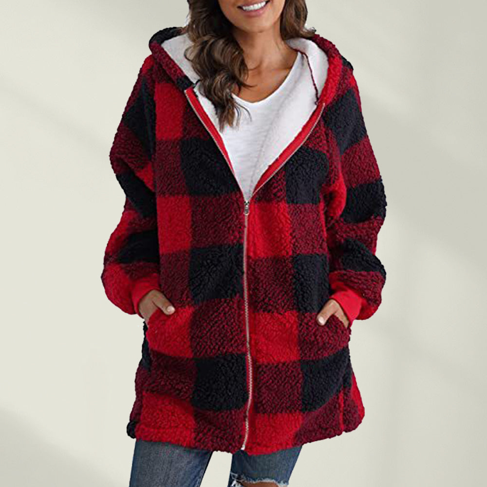Jesienna i zimowa nowa kurtka w kratkę z kapturem, luźna kurtka damska na co dzień