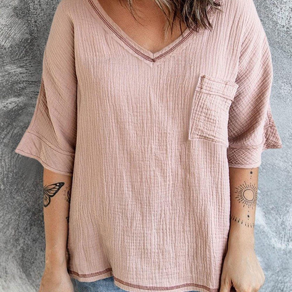 Modne jednokolorowe krótkie rękawy z dekoltem w szpic