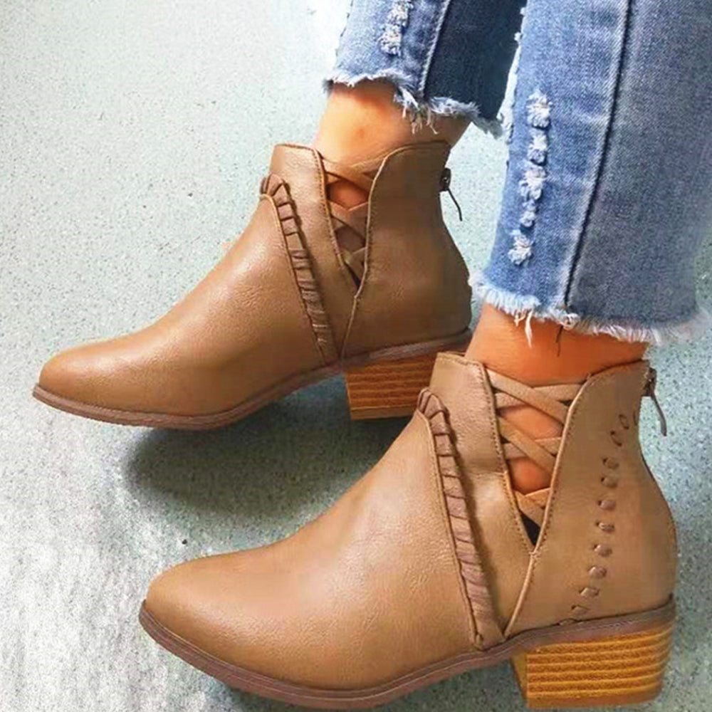 Jesienna nowa moda damska szpiczasty nosek V ręcznie tkane botki