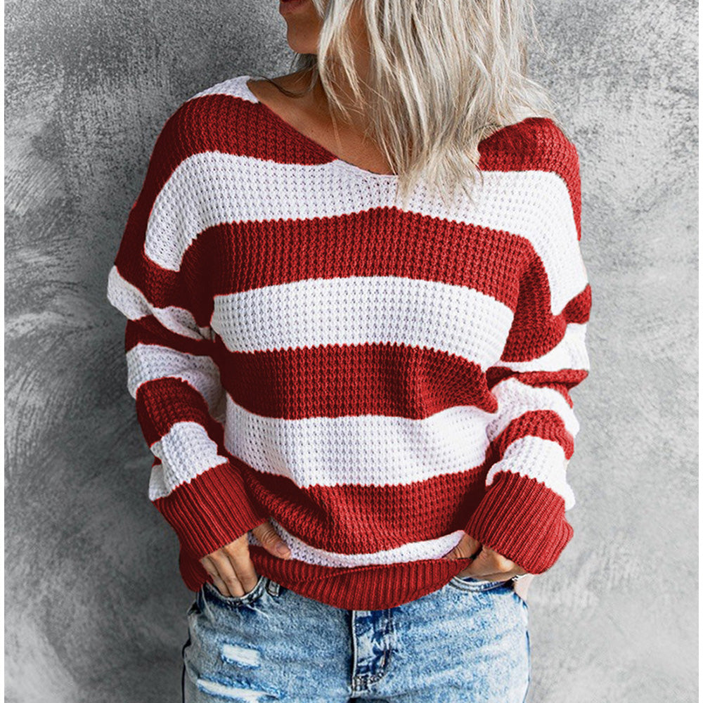 Jesienna i zimowa nowa bluza w paski, sweter z dzianiny z dekoltem w serek