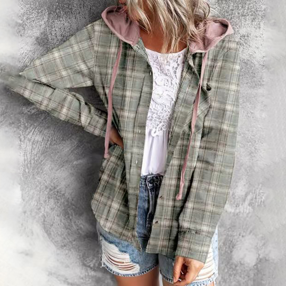 Lodowylabedz Jesienna nowa damska kurtka z kapturem i koszulą w kratę