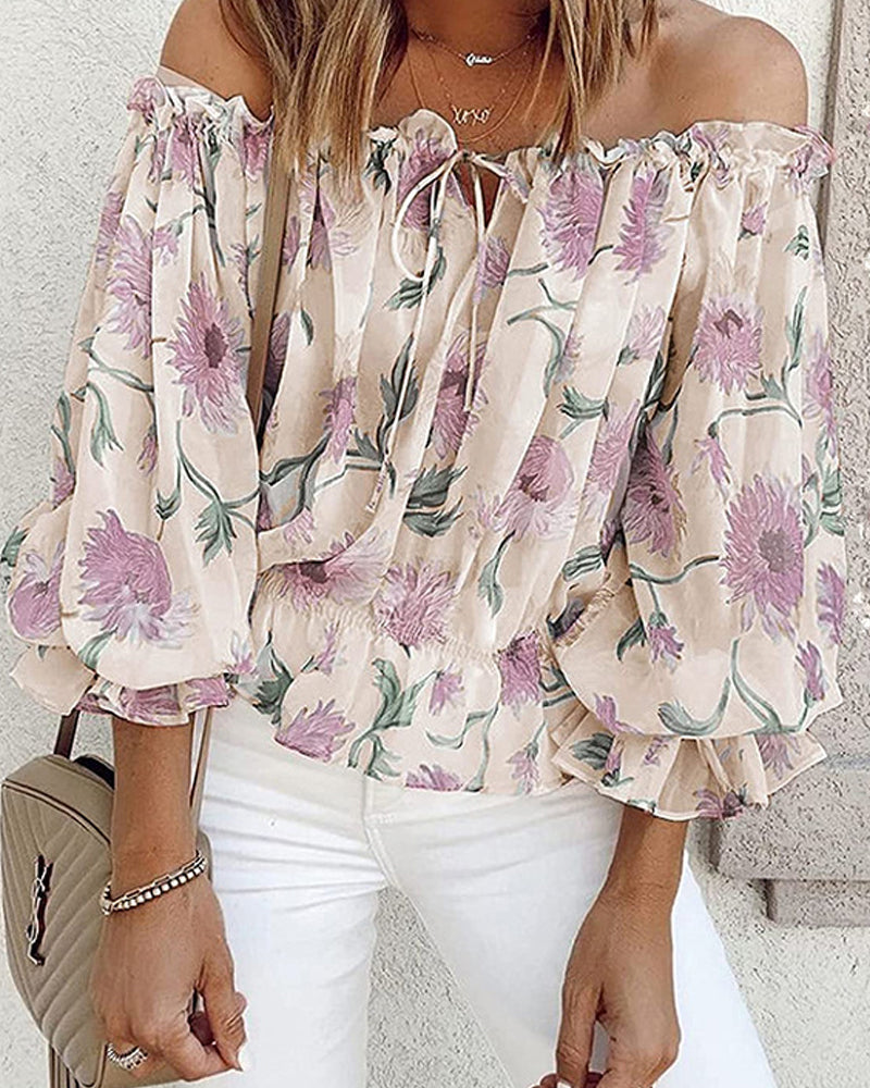 Top z odkrytymi ramionami w kwiatowy wzór