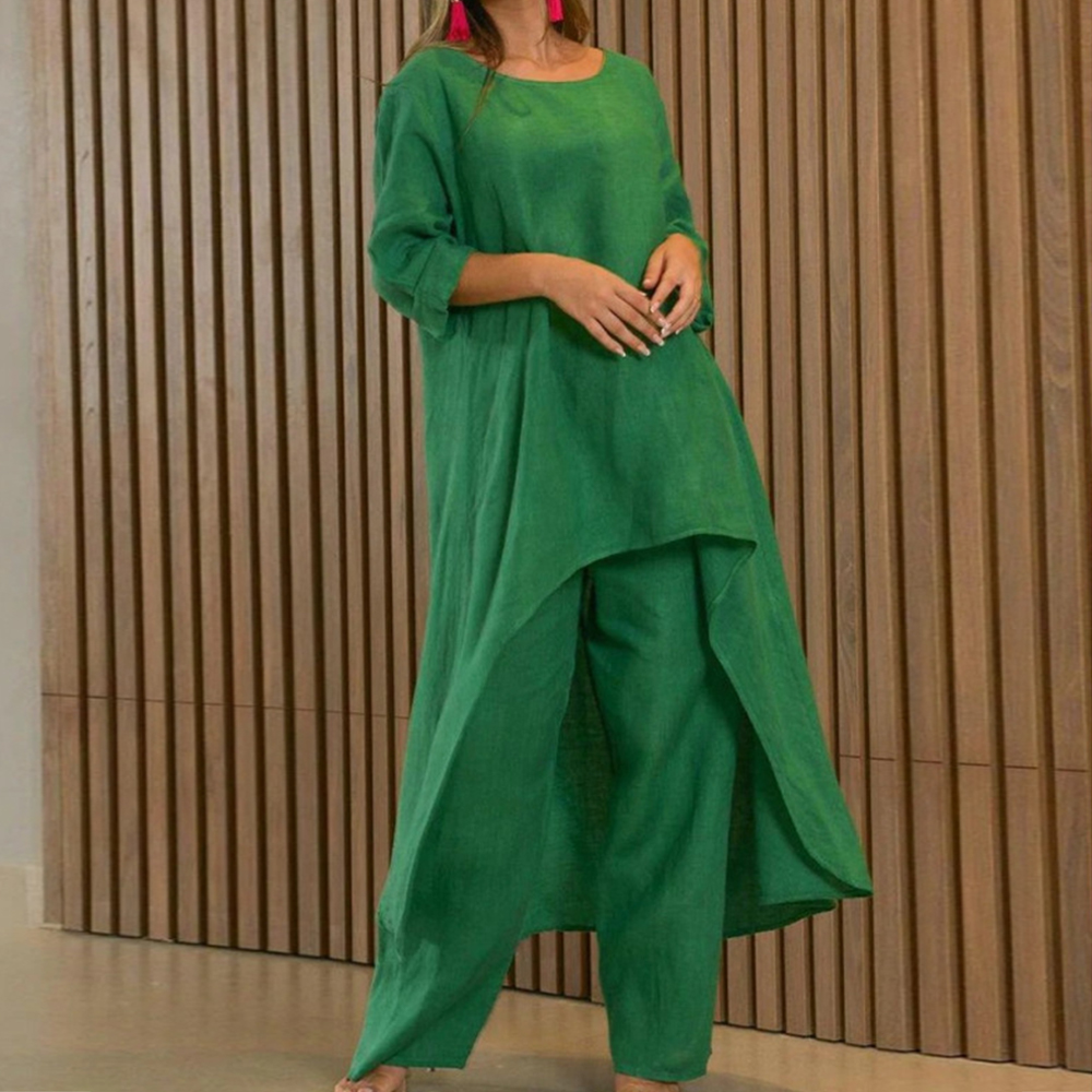 Lodowylabedz™ Dwuczęściowe bawełniane i lniane spodnie o swobodnym nieregularnym kroju z długimi rękawami i szerokimi nogawkami