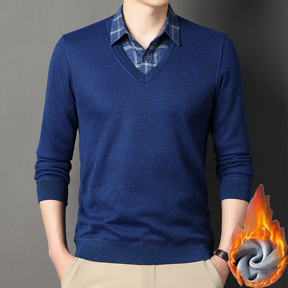Męski jesienno-zimowy nowy sweter imitujący dwuczęściową koszulę na dole