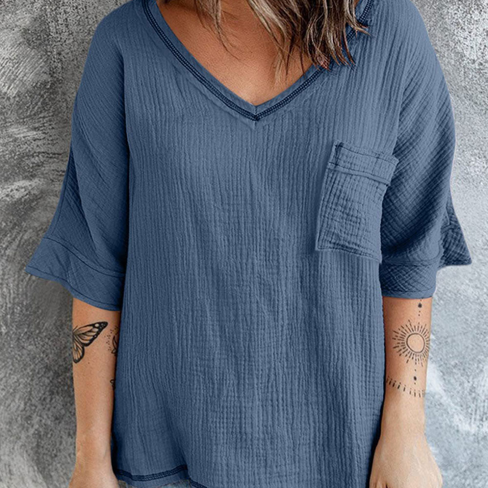 Modne jednokolorowe krótkie rękawy z dekoltem w szpic