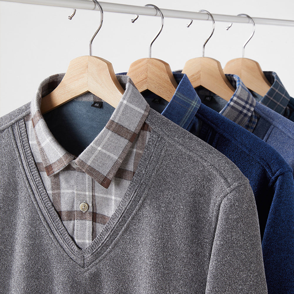 Męski jesienno-zimowy nowy sweter imitujący dwuczęściową koszulę na dole