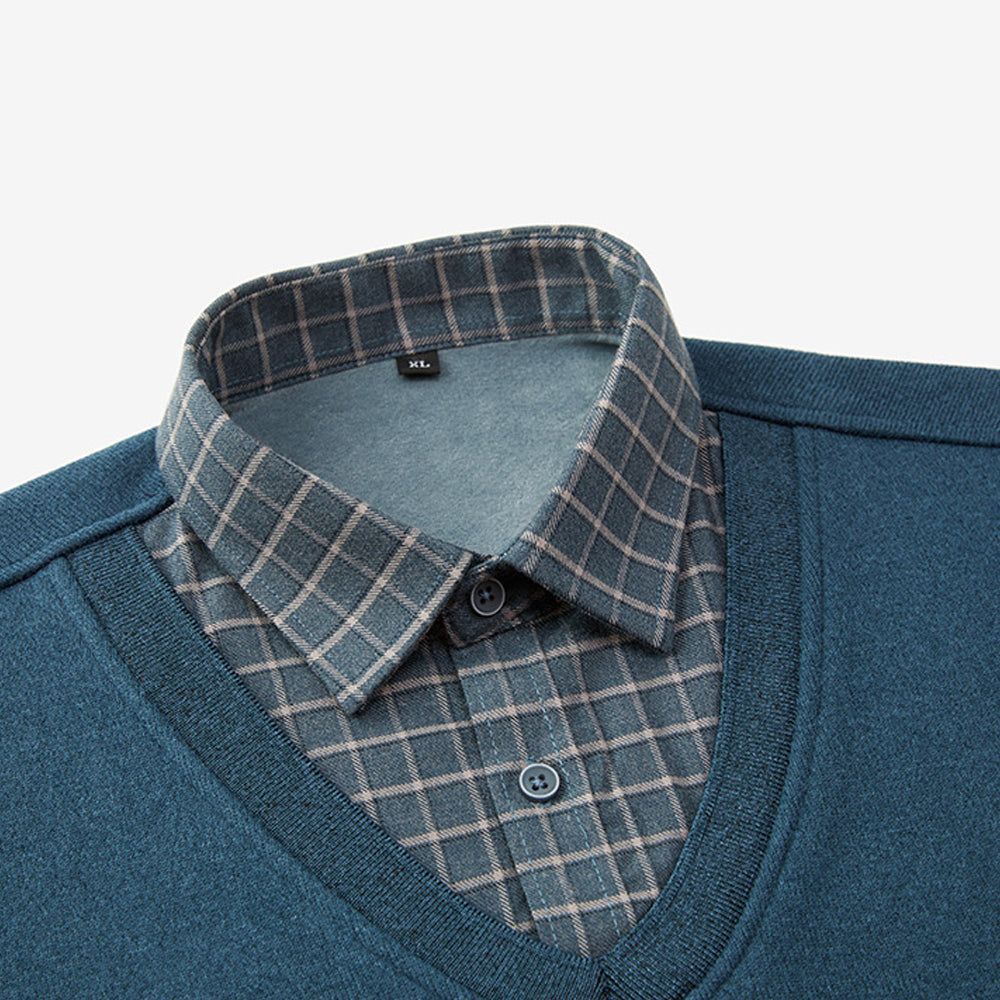 Męski jesienno-zimowy nowy sweter imitujący dwuczęściową koszulę na dole