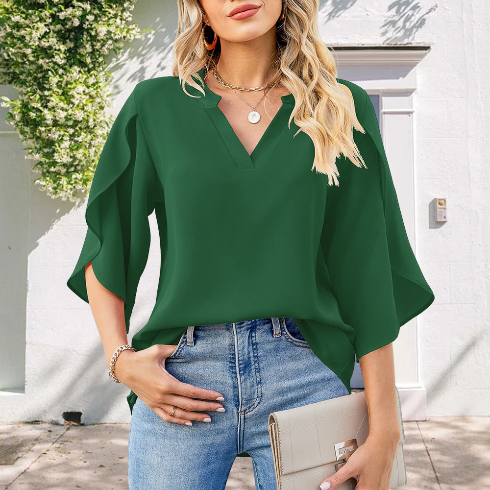 Lodowylabedz Luźna szyfonowa koszula z dekoltem w kształcie litery V z płatkami rękawów