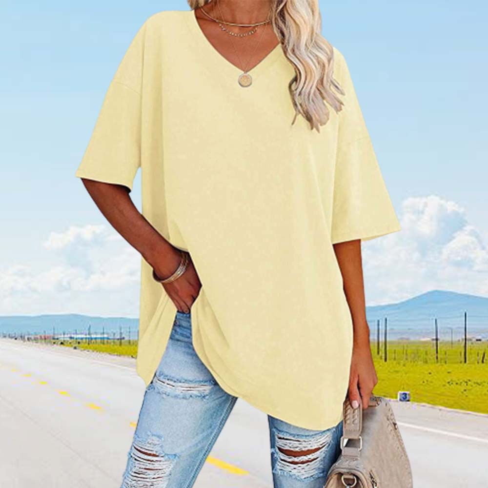 Lodowylabedz Nowy luźny bawełniany top z pół rękawami i dekoltem w szpic