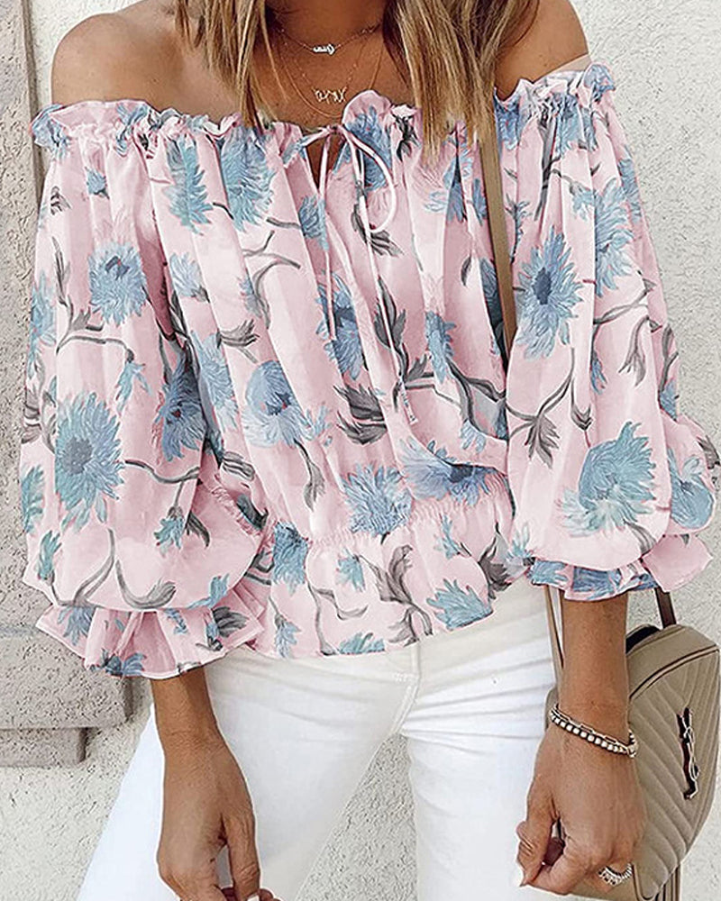 Top z odkrytymi ramionami w kwiatowy wzór