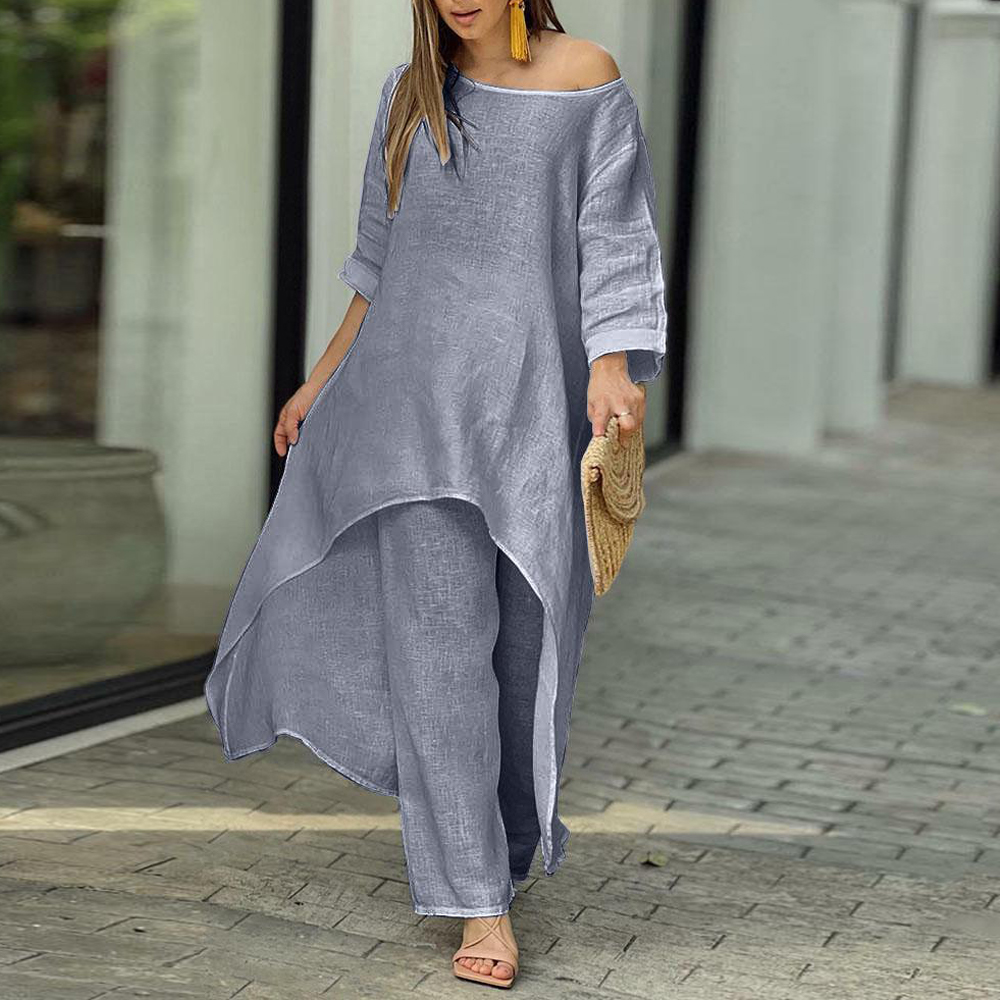Lodowylabedz™ Dwuczęściowe bawełniane i lniane spodnie o swobodnym nieregularnym kroju z długimi rękawami i szerokimi nogawkami