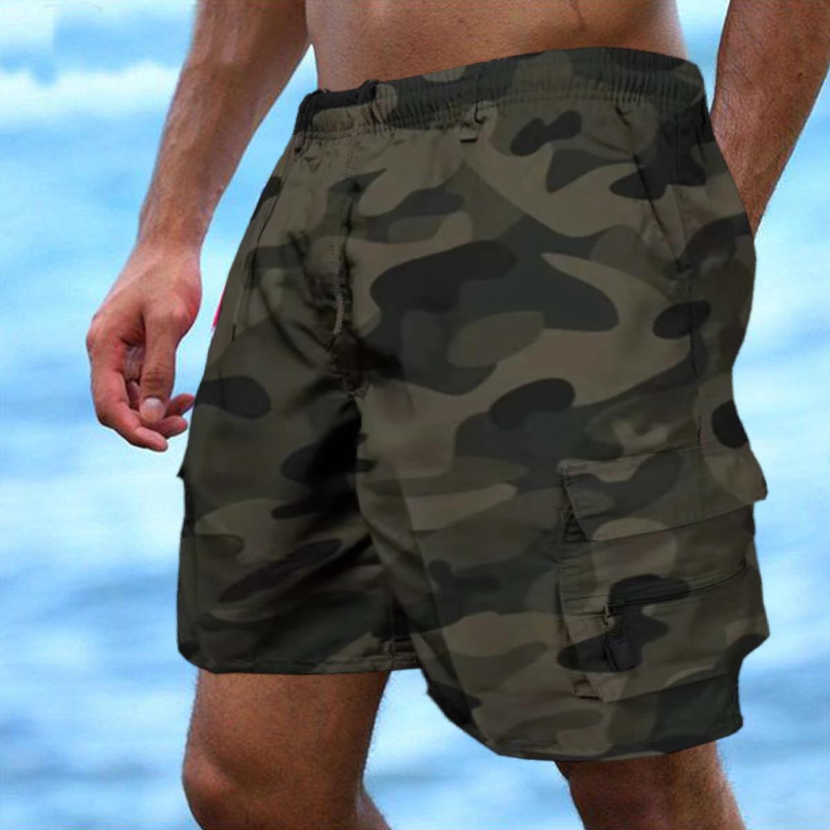 Lodowylabedz Męskie szorty Cargo Casual Summer Sznurek Klasyczne rozciągliwe krótkie spodnie z kieszeniami