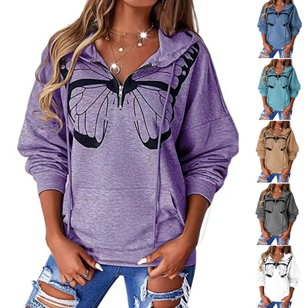 Jesienny, luźny sweter z kapturem z nadrukiem motyla