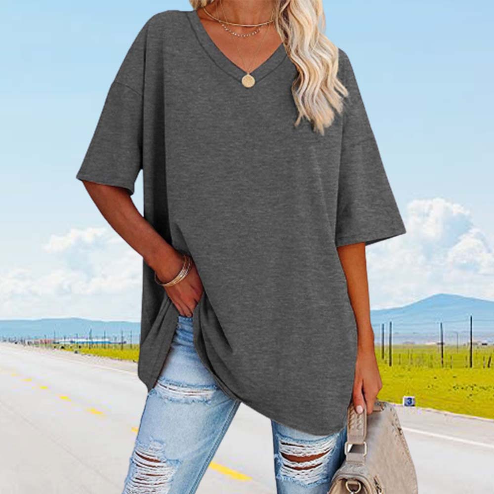 Lodowylabedz Nowy luźny bawełniany top z pół rękawami i dekoltem w szpic