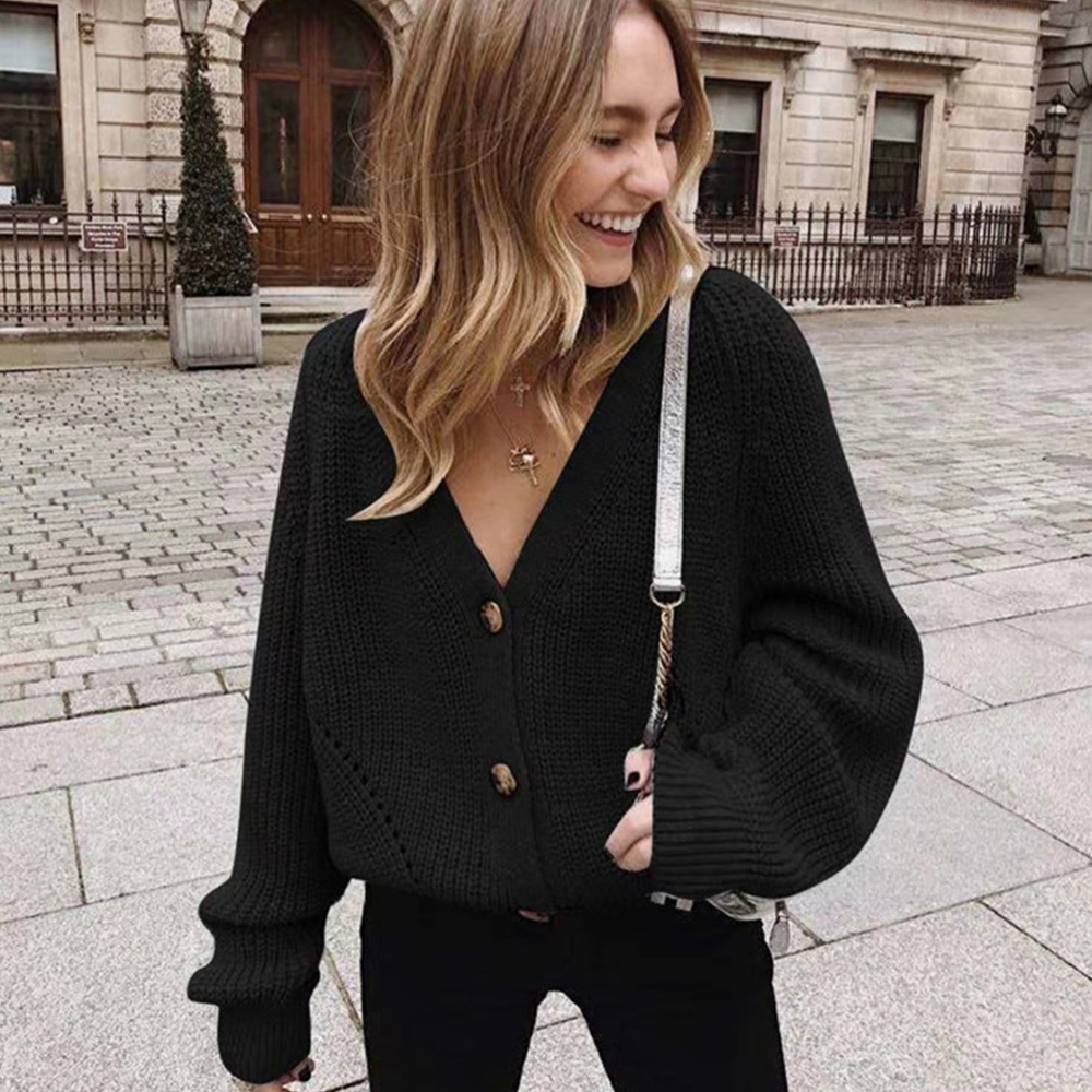 Modny kardigan w jednolitym kolorze z dekoltem w szpic i rękawami w kształcie latarni