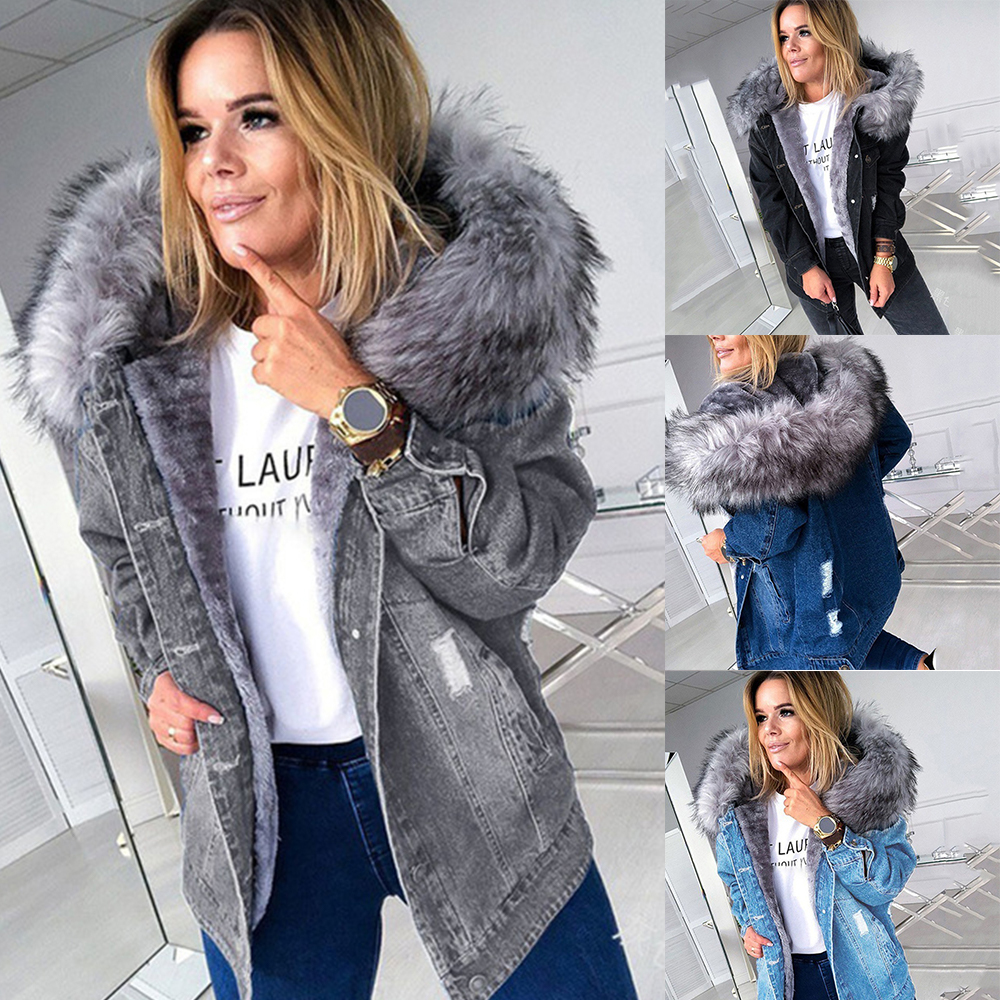 Futrzany płaszcz z denimu