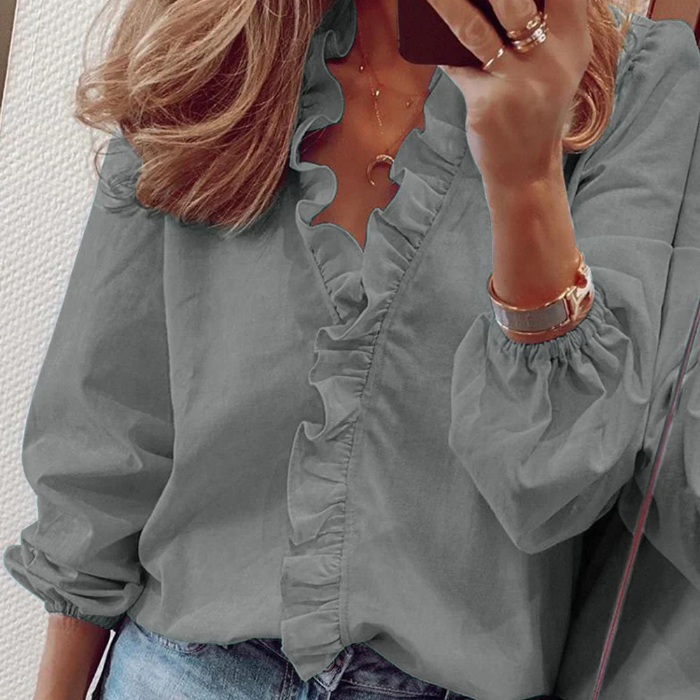 Lodowylabedz Wiosenna i letnia nowa koszula z długimi rękawami z dekoltem w szpic