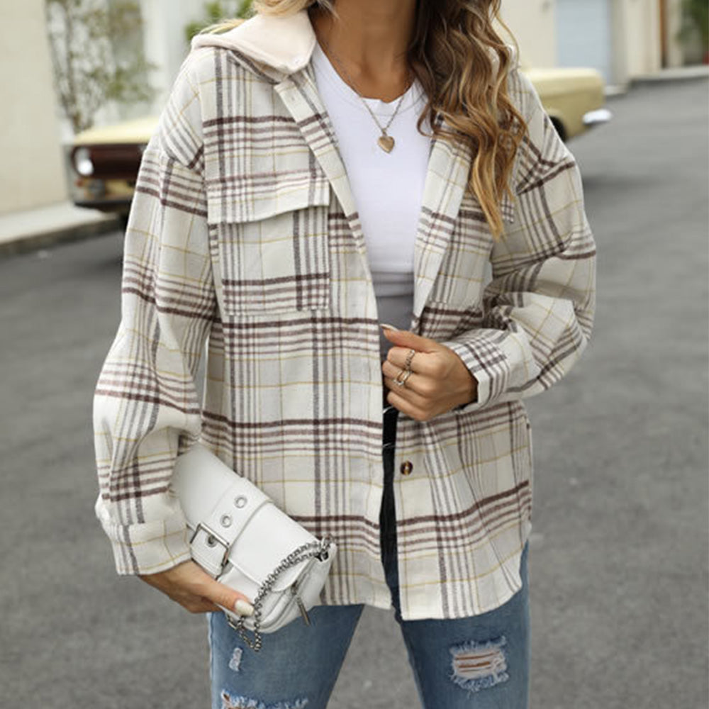 Lodowylabedz Nowa jesienna kurtka w kratę z długim rękawem i kapturem