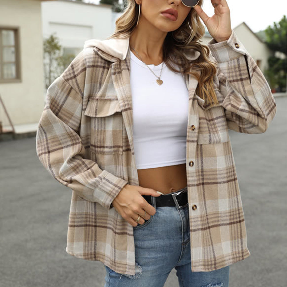 Lodowylabedz Nowa jesienna kurtka w kratę z długim rękawem i kapturem