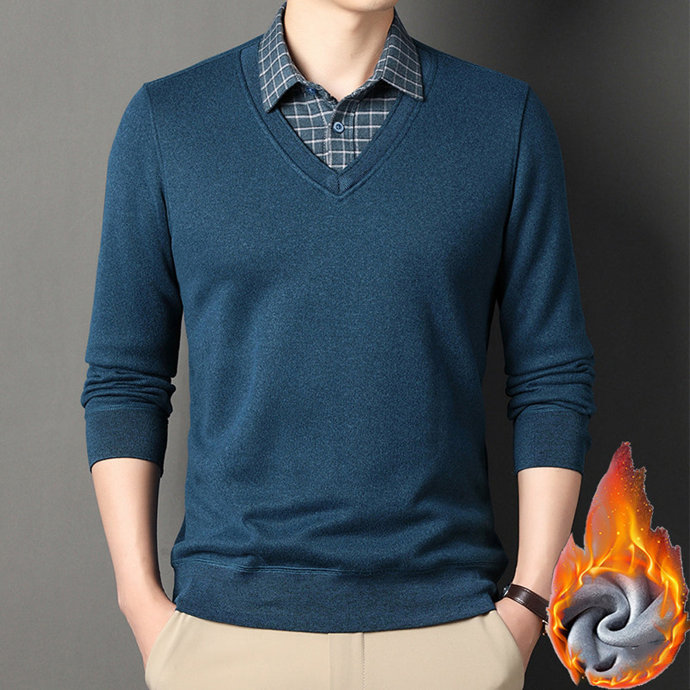 Męski jesienno-zimowy nowy sweter imitujący dwuczęściową koszulę na dole