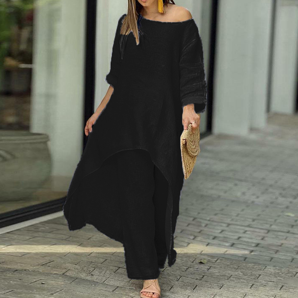 Lodowylabedz™ Dwuczęściowe bawełniane i lniane spodnie o swobodnym nieregularnym kroju z długimi rękawami i szerokimi nogawkami